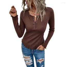 Women's T Shirts Button Down V-Neck Women T-Shirts Fall Long Sleeve Ribbed Knit Solid Blouse Top DropShip