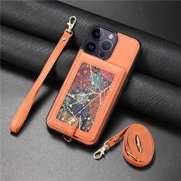 Shoulder Graffiti Phone Case for iPhone 15 Plus 14 13 Pro Max Samsung Galaxy S23 Ultra S22 S21 S23FE S21FE Note20 Slim Multiple Card Slots Leather Wallet Bracket Shell