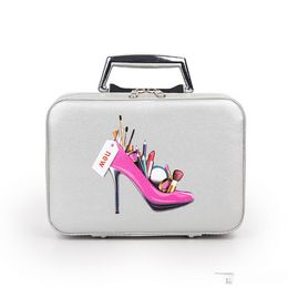 Fashion Professional Makeup Bag With High Heel Pattern Portable Cartoon Make up Case Leather Beauty Case Trunk Hand Held Coametic Bag