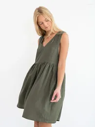 Women's Sleepwear Hiloc Green Cotton Night Dress Women Nightgowns Knee-Length Loose Nightdress V-Neck Sleeveless Pajamas 2023 Autumn Dresses