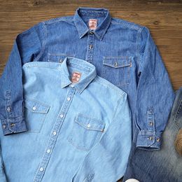 Men's Casual Shirts MBBCAR Process Wash denim Shirt Men's Amekaji American Vintage Heavy Casual Tool Shirt Ring Spinning Rope Dyed Wide Fabric 9188 230408