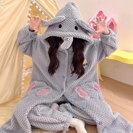 Women's Sleepwear Winter Thicken Women Night-robe Female Pajamas Hooded Soft Warm Cartoon Elephant Nightgown Coral Velvet Plush Pijama