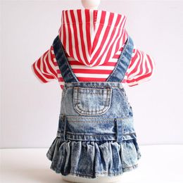 Dog Apparel Cute Ruffles Jean Dress With Hood Red White Stripe Shirt Skirt Puppy Clothes Denim Hoodies Dresses For Small Medium Dogs