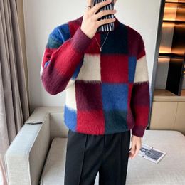 Men's Sweaters Brand Clothing Men Mink Cashmere Plaid Sweater/Male Slim Fit Fashion Casual Pullover/Man Round Neck Korean Harajuku