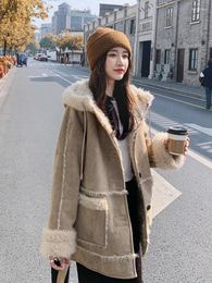 Women's Trench Coats Winter Women Jacket Coat Lamb Wool Hooded Fur Medium Long Loose Female Top Chic Outwear