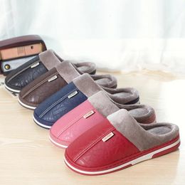 Slippers Men Slippers Indoor PU Leather Women House Waterproof Warm Home Fur Slipper Male Couple Shoes Fluffy Big Size Casual Slide Shoes 231108