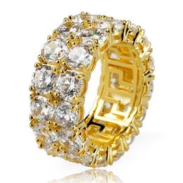 7-12 New Gold Silver Colour Plated Micro Paved 2 Row Chain Zircon Hip Hop Finger Rings for Men Women248w