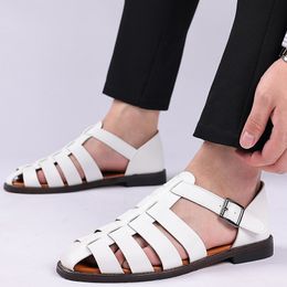 Sandals Men Beach Slippers Leather for Buckle Soft Sole Point Toe Hollow Gladiator Roman Shoes Lightweight Sneakers 230407