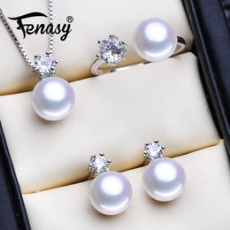 Hochzeits-Schmuck-Sets FENASY 925 Sterling Silber Schmuck-Sets natürliche Perlenketten für Frauen Ohrstecker klassischer Kronen-Anhänger-Ring 8–9 mm 231108