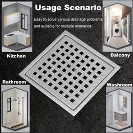 Square Shower Drain 6 inch, Matte Black Floor Drains for Shower with Flange and Hair Strainer, Brushed 304 Stainless Steel Quadrato Pattern Grate Removable