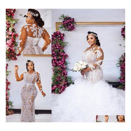 Arts And Crafts Plus Size Arabic Mermaid Wedding Dresses With Detachable Train Long Sleeves Laceup Corset Beaded African Bridal Gown Dhxna