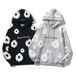 Falection Mens Readymade Tears Vintage Denim Flower Puff Printed Foamed Kapok Distressed Hoodie Sweatshirt Men Top Pullover748