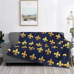 Fleece Royal Gold Blue Grunge Fleur De Lis Throw Blanket Warm Flannel Lily Flower Blankets for Bedding Travel Sofa Bedspreads W0408
