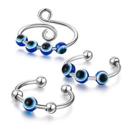 Band Rings Lucky Stainless Steel Blue Evil Eye Finger Ring For Women Gift Rotary Decompression Anti-Anxiety Turkish Open Dro Dhgarden Dht4G