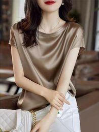 Womens TShirt Silk Thin Short Sleeve Tees Korean Style Slip Woman Summer Clothes Elegant Black Brown Tops Solid Loose Casual 4XL 230407