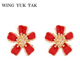 Stud Earrings Wing Yuk Tak Red Enamel Flower For Women S Korean Fashion Jewellery Ethnic Pendientes Mujer