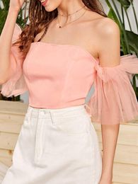 Women's Tanks Summer Casual Pink Lace Sweet Crop Tops Women Chiffon Strapless Sexy Corset Top Female Backless Tulle Temperament Party 2023