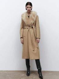 Women's Wool Blends RR1534 Camel Detached Big Fake Fur Collar Wool Blends Coats Womens X Long Loose Winter Wool Jackets Belt Tied On Waist Outwear 231108