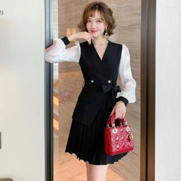 Work Dresses Japanese Sweet Office Ladies Two-piece Set Outfit: V-neck Spliced Micro-sheer Sleeve Waist Top Pleated Skirt 2pcs Women