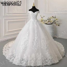 Party Dresses Y M Novias Off Shoulder Plus Size Vestido De Noiva 2022 Wedding Dress Train or Floor Custom Made Plus Size Bridal Tul Mariage 0408H23