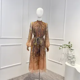 Casual Dresses Silk 2023 High Qulaity Spring Summer Vintage Graceful Paisley Floral Print Long Lantern Sleeve Lace-up Woman Midi Dress