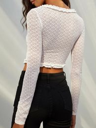 Women's T Shirts Women Long Sleeve Crop Tops Solid Colour Lace Shirt Casual Pullovers For Club Streetwear Aesthetic Grunge Clothes