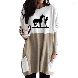 Women's T Shirts Cartoon Cowgirl And Horse Letter Print Pocket T-shirt Women Femmes Animal Love Gift Spring Long Sleeve Shirt Tops For