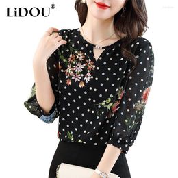 Women's Blouses 2023 Summer Round Neck Three Quarter Polka Dot Chiffon Shirt Women Korean Style Rhinestone Hollow Out Printing All-match Top