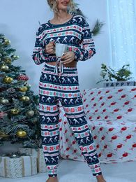 Women's Sleepwear 2024 Christmas Lounge Wear Sets Autumn Elk Snowflake Print 2Pieces Women Long Sleeve Crewneck Crop Tops Pants Set