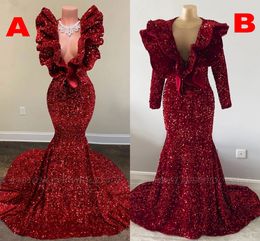 Sparkle Dark Red Sequined Mermaid Prom Dresses Puffy Sleeves Sexy Plunging V Neck Girls Graduation Evening Party Gowns BC15476