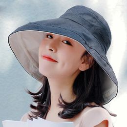 Berets Women Summer Double-sided Two-color Bucket Cap Big Wide Brim Travel Sunscreen Casual Fishing Fisherman Wind Rope Sun Hat Q2