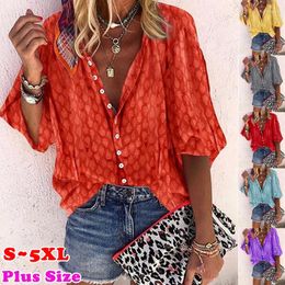 Women's Blouses Casual Blouse Shirts Loose V-Neck Women Half Sleeve Printing Shirt Tops Button Up Vintage Streetwear Plus Size S-5XL Tunic