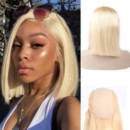 Malaysian Peruvian 100% Human Hair 13X4 Lace Front Bob Wig Straight 10-16inch 613# Blonde Color 150% Density