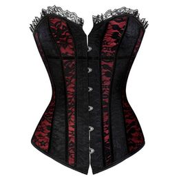 Lace Black Corset Top Women Contrast Lace Ruffle & Overlay Dance Corset Top Plus Size S-6XL Lace-up Overbust Body Shaper Waist Tra3182