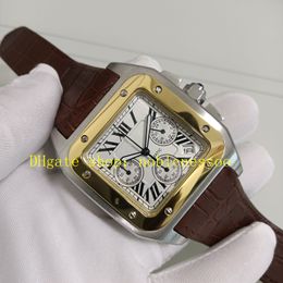 Real Photo Mens Chronograph Watches Men's 41mm White Silver Roman Dial 100 XL 2740 Two Tone Gold Steel Leather Band Quartz Model Sport Watch Wristwatches
