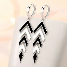 Hoop Earrings Trendy Chic Black White Arrow Long Tassel For Women 925 Sterling Silver Earring Lady Party Jewelry Gifts