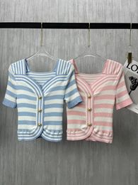 Balm home 2023 summer new Women's T-shirt stripe sexy tops top-grade casual shirt fashion OOTD Metal buckle logo knitwear polo shirt Mother's Day birthday gift