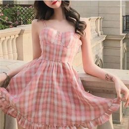 Casual Dresses Sweet Office Lady Y2k Party Mini Dress Summer Pink Plaid Suspender Female Fresh Student Skirt Korea Girl Kawaii