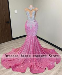 Party Dresses Pink Velvet Sequin Mermaid Long Prom 2023 For Black Girl Beads Crystals Birthday Gowns Formal Dress