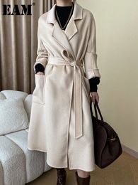 Women's Wool Blends EAM Camel Big Size Warm Long Belted Woolen Coat Lapel Long Sleeve Women Jacket Fashion Autumn Winter 1DH2474 231108