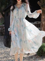 Casual Dresses Beach Style Elegant Flower Sundress Summer Leisure Long Sleeve Fairy Party Dress Women's Chiffon Vintage Dress Korean Fashion 230408