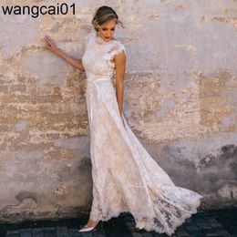 Party Dresses 2023 Vintage Champagne Lace Bohian Wedding Dress A Line Cap Seve Sexy Backss Bridal Gown Vestidos de Novia 0408H23