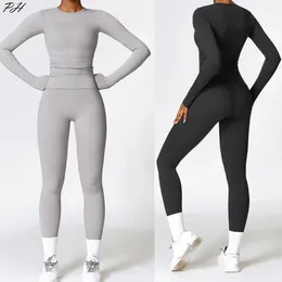 Active Sets 2 Pieces Women Tracksuit Yoga Set Workout Sportswear Gym Clothing Fitness Long Sleeve Tight Top High Waist Leggings Sports Suits