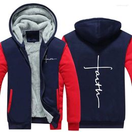 Men's Jackets Y2k Korea Fashion Faith Print Hooded Coat For Men Winter Zip Up Sweater Fleece Warm Jacket Male Casual Thicken Windbreaker