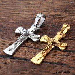 Pendant Necklaces High Quality Punk Stainless Steel Silver Color/Gold Cross Jesus Crucifix Necklace Men Women Box Chain 24" Wholesale