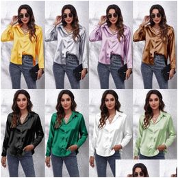 Women'S Blouses Shirts Womens Satin Silk Blouse V Neck Button Down Long Sleeve Casual Summer Dressy Tops For Work Professional Dro Dhqmy