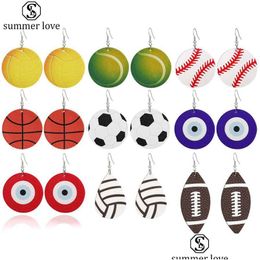 Dangle Chandelier New 3D Sports Pu Leather Earrings Football Basketball Baseball Fashion For Women Statement Ea Dhkjn