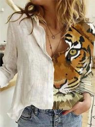 Men's Jackets Blouse Women Tiger Print Shirt Loose Lapel Button Long Sleeve Office Lady Leisure Streetwear Tops
