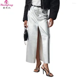 Skirts Yuxinfeng Autumn Women's Trend 2023 Silvery PU Leather Maxi Skirt Elegant High Waisted Front Split Long Pencil