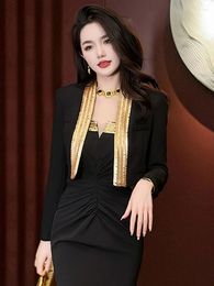 Womens Suits Fashion Professional Black Jackets for Women Elegant Blazers Office Clothes Gold Sequin Outerwear Lady Business Party Suit